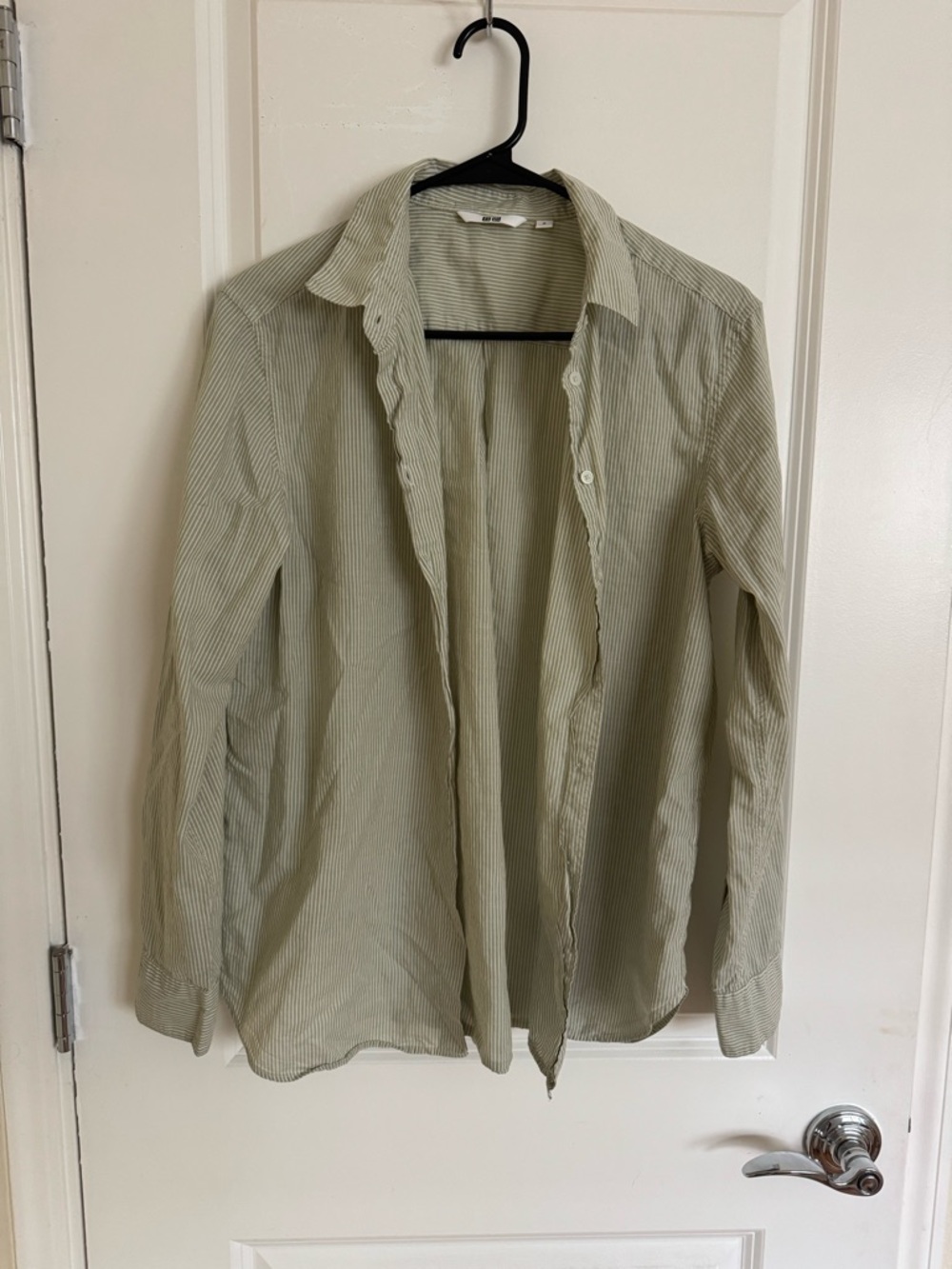 Women’s Uniqlo Light Olive Green Pinstripe Button-Up Shirt